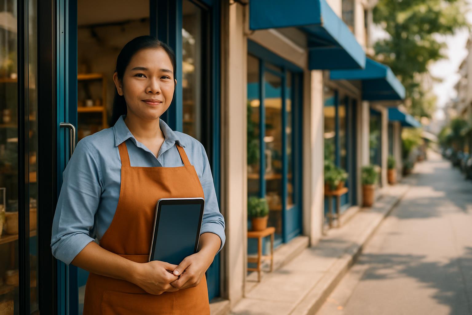 เจ้าของร้านถือแท็บเล็ตยืนหน้าร้าน มีสาขาอื่นของร้านอยู่ถัดไปบนถนน
